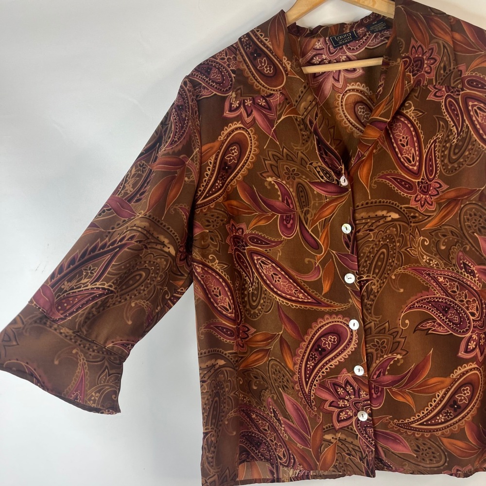Laura Scott Blouse Women 18W Brown Paisley 3/4 Sleeve Button Front Career Top - Picture 3 of 9